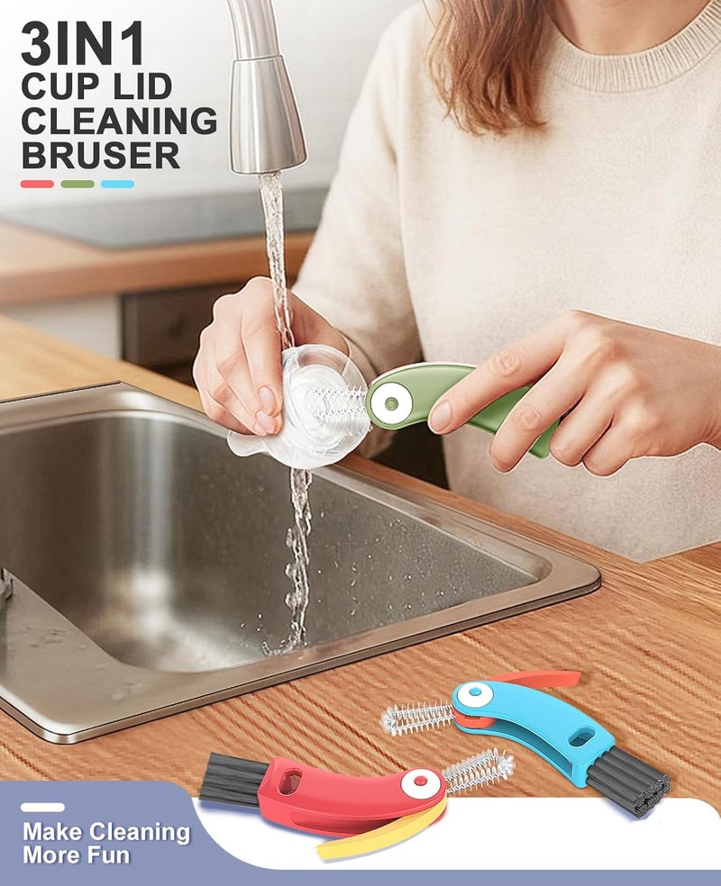 Mocybol 3 in 1 Cup Lid Cleaning Brush 3 PCS - Multifunctional Cleaning Brush Set for Tight Spaces, Bottle Gaps & Travel Mugs | Portable Durable Cup Lid Cleaner Tools (Multicolor) - Image 2